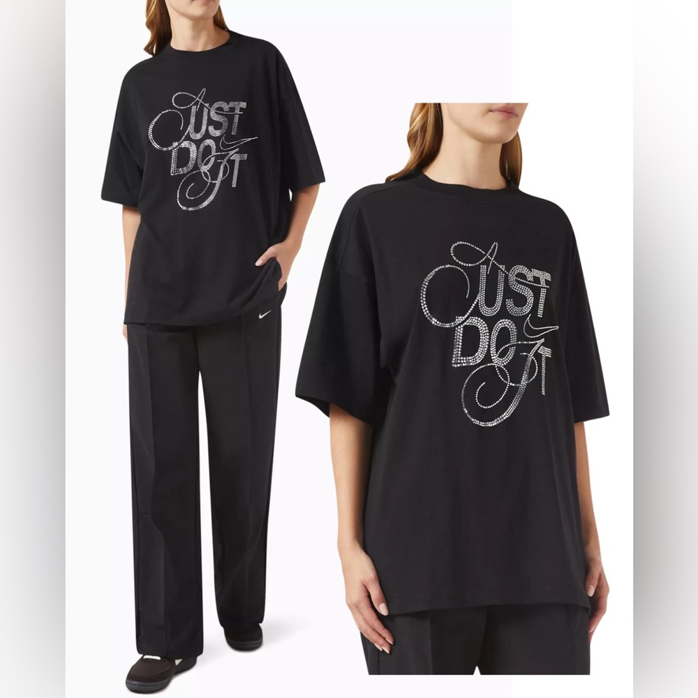 Nike Just Do It Rhinestone Oversized Black Tee XL NWT Sparkle Graphic FZ1153-010